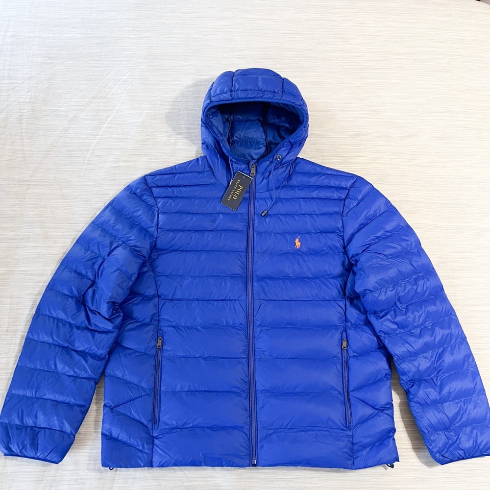 Polo Ralph Lauren Packable Lightweight Quilted Hooded Jacket Blue Orange Pony